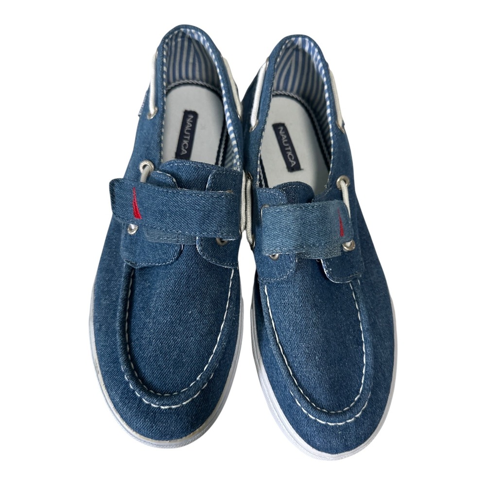 Nautica Boat Shoes Women 9 Blue Denim Hook Loop Striped Good Casual Loafers